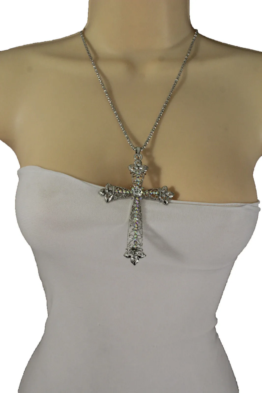Silver Metal Chain Large Cross Bless Rhinestones Pendant Necklace