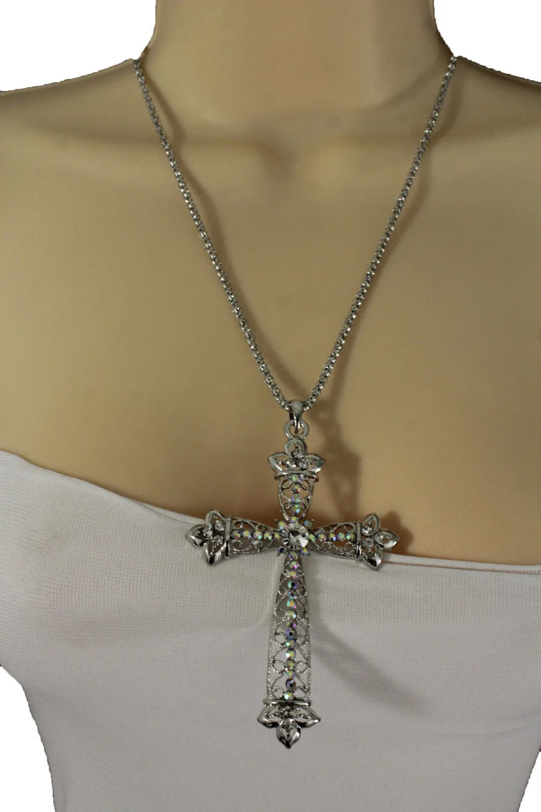 Silver Metal Chain Large Cross Bless Rhinestones Pendant Necklace