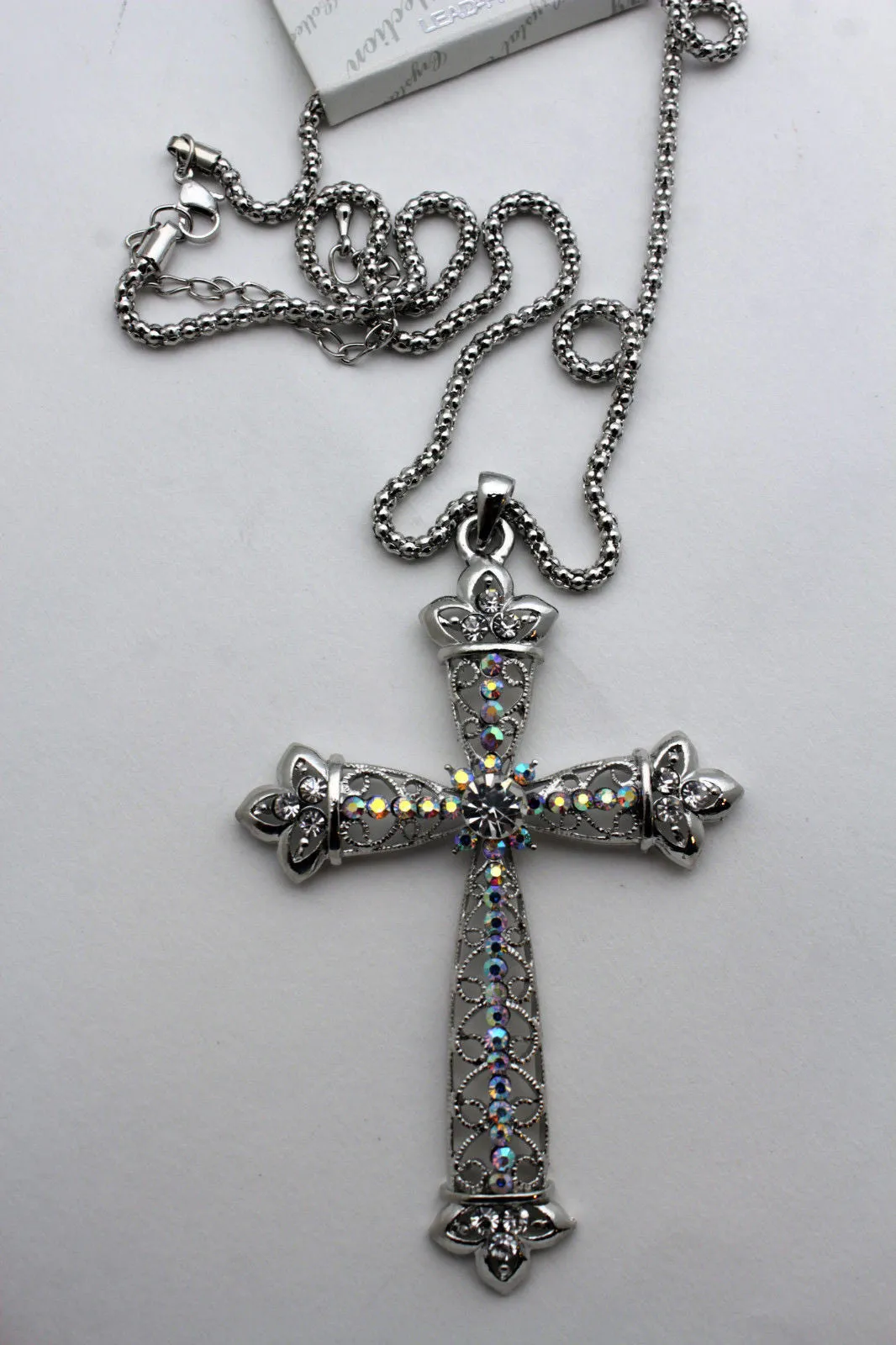 Silver Metal Chain Large Cross Bless Rhinestones Pendant Necklace