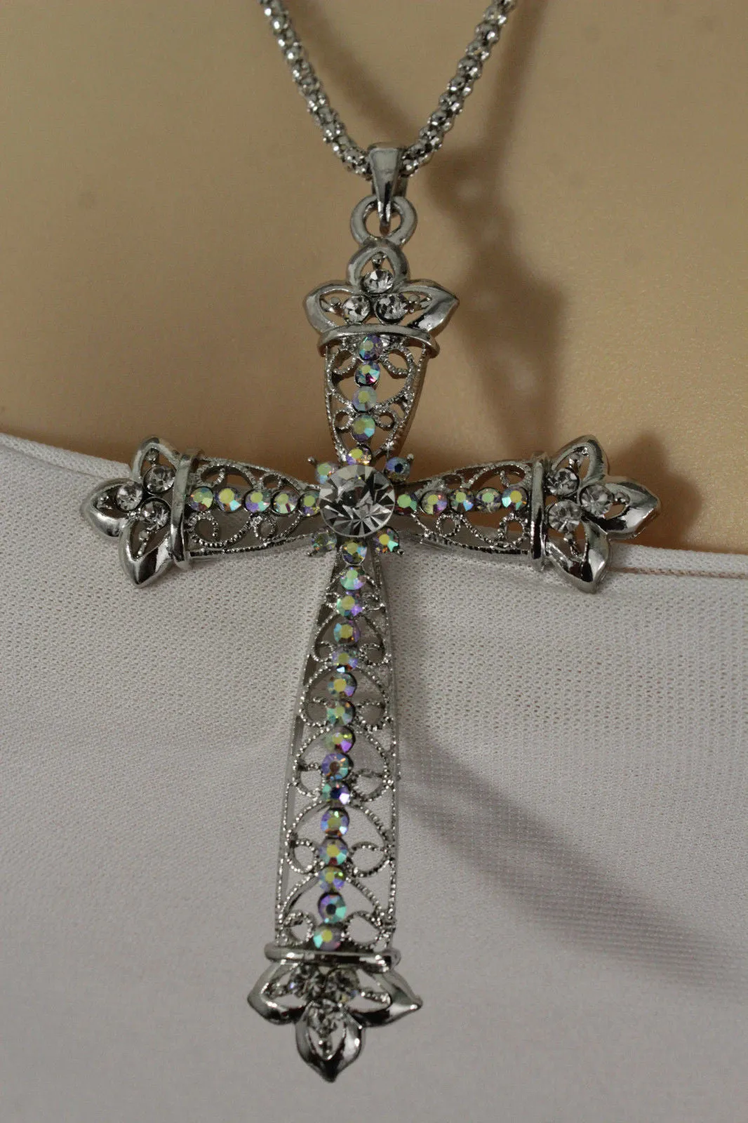 Silver Metal Chain Large Cross Bless Rhinestones Pendant Necklace