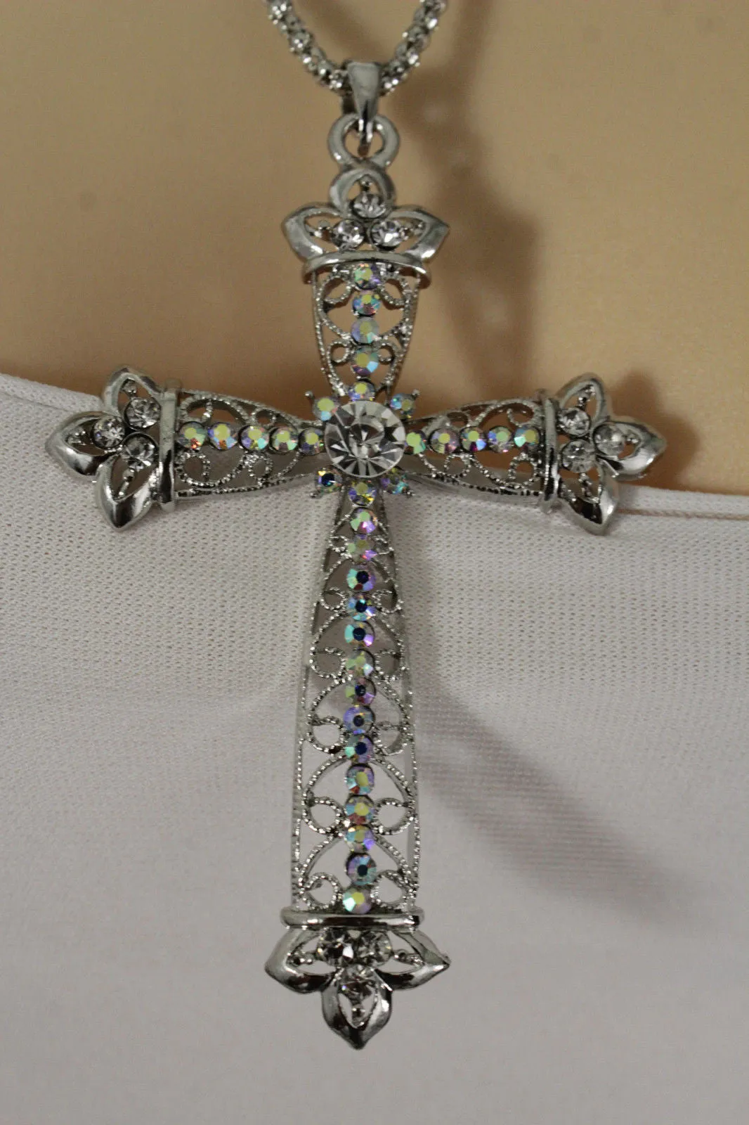 Silver Metal Chain Large Cross Bless Rhinestones Pendant Necklace