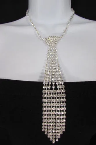 Silver Metal Chains Long Neck Tie Pendant Rhinestones 14" Drop Necklace