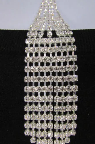 Silver Metal Chains Long Neck Tie Pendant Rhinestones 14" Drop Necklace