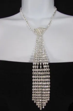 Silver Metal Chains Long Neck Tie Pendant Rhinestones 14" Drop Necklace