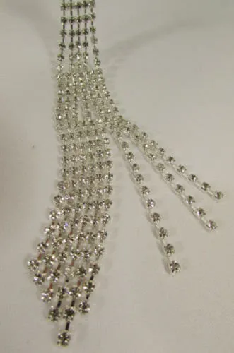 Silver Metal Chains Long Neck Tie Pendant Rhinestones 14" Drop Necklace