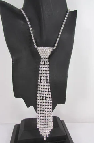 Silver Metal Chains Long Neck Tie Pendant Rhinestones 14" Drop Necklace