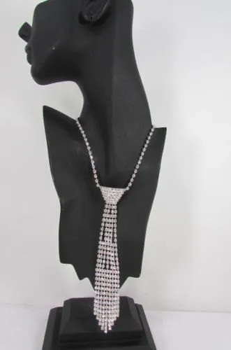 Silver Metal Chains Long Neck Tie Pendant Rhinestones 14" Drop Necklace