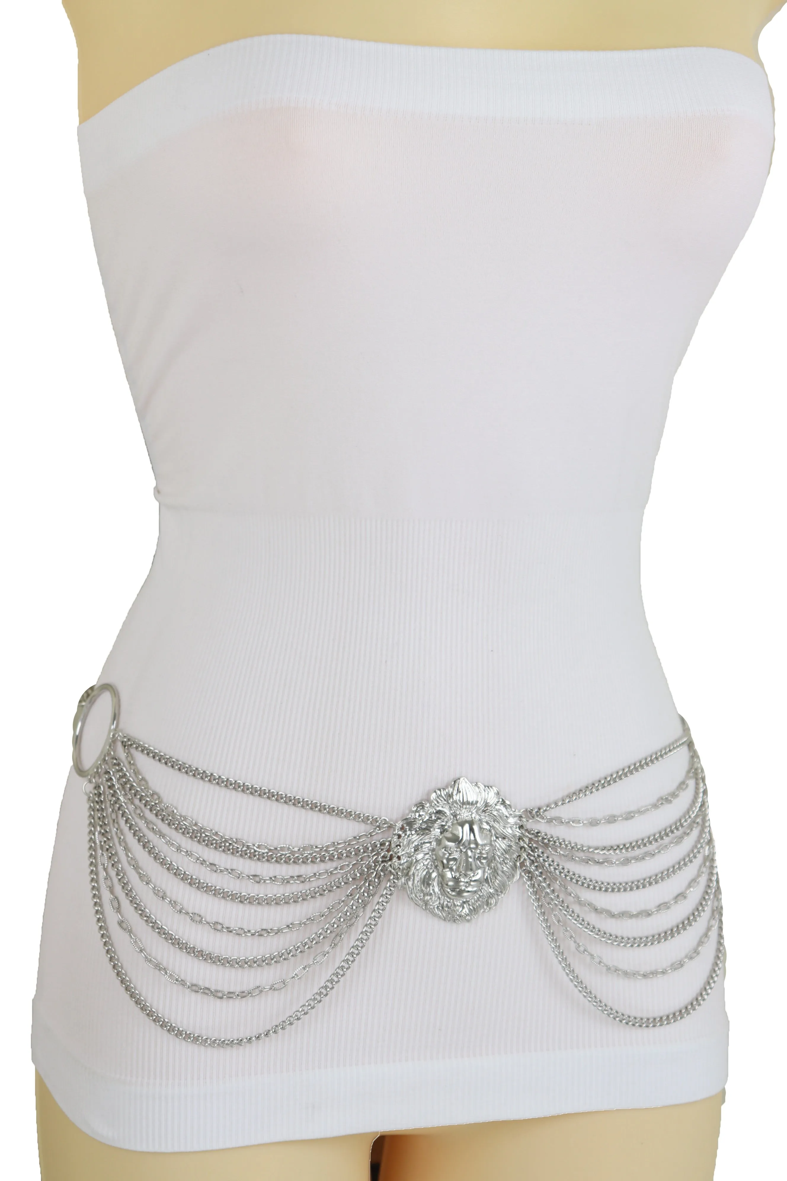 Silver Side Multi Waves Metal Chain Belt with Lion Head Pendant
