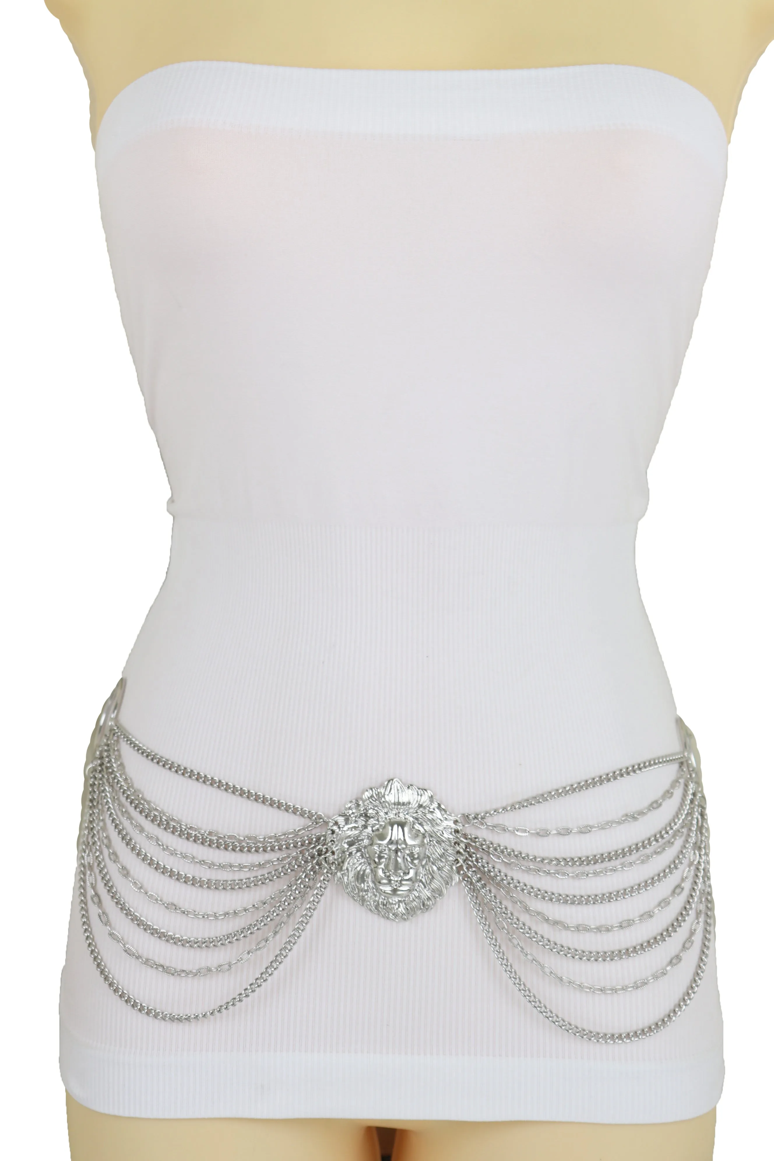 Silver Side Multi Waves Metal Chain Belt with Lion Head Pendant