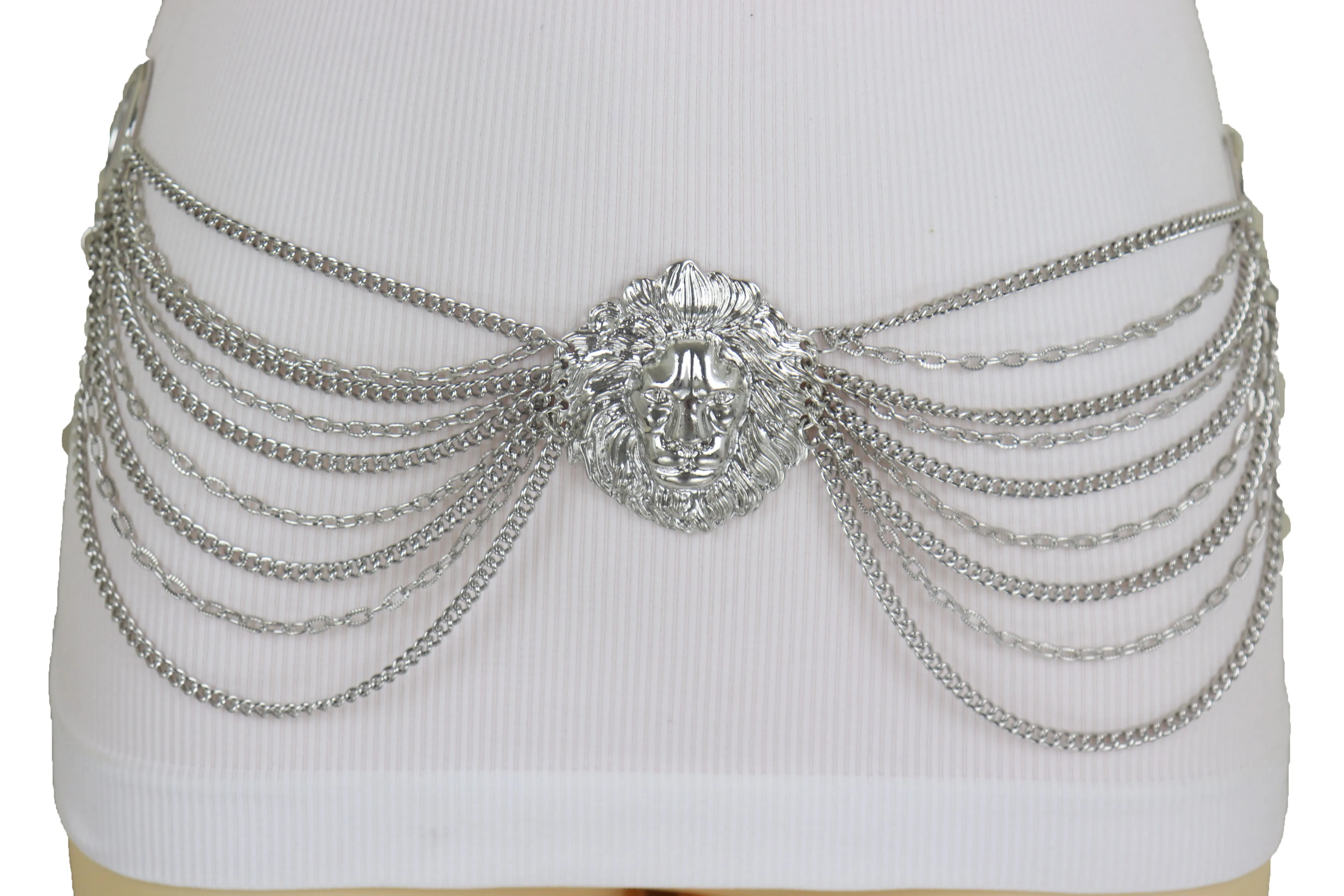 Silver Side Multi Waves Metal Chain Belt with Lion Head Pendant