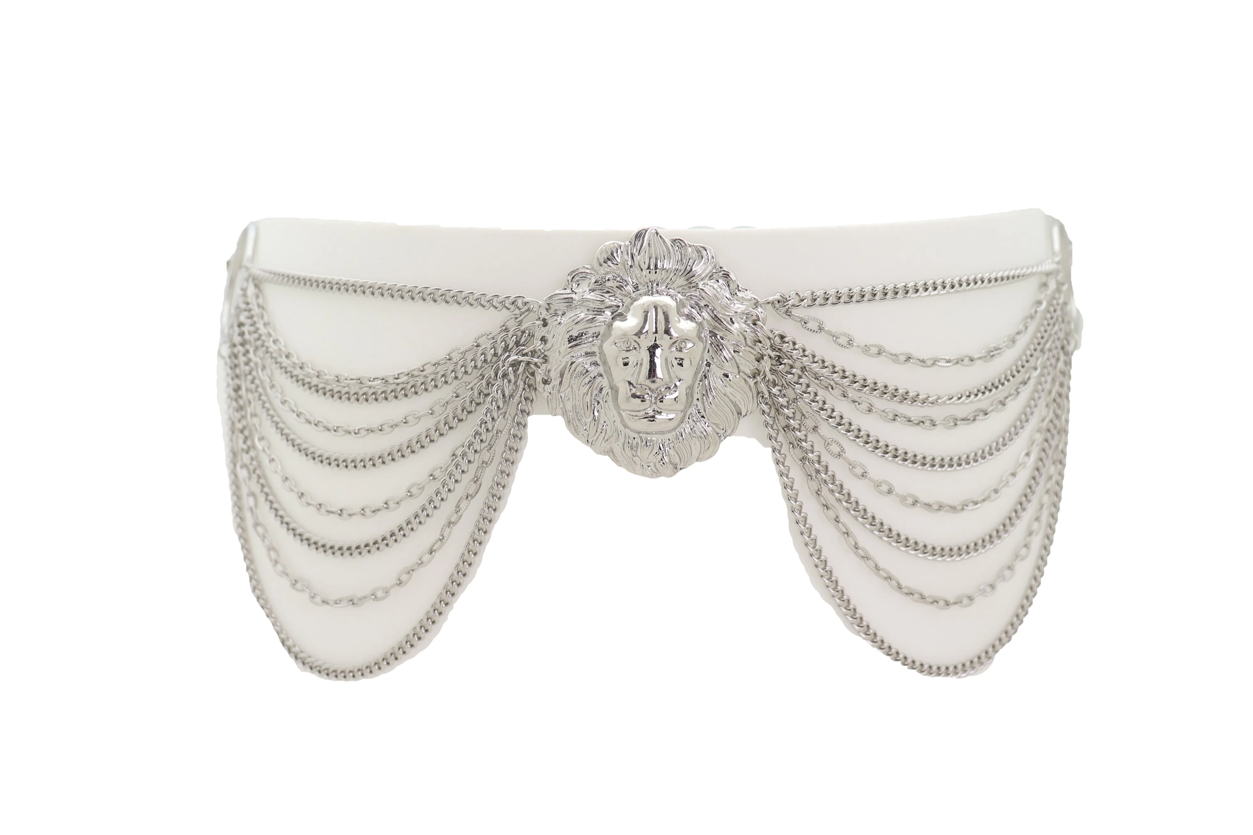 Silver Side Multi Waves Metal Chain Belt with Lion Head Pendant