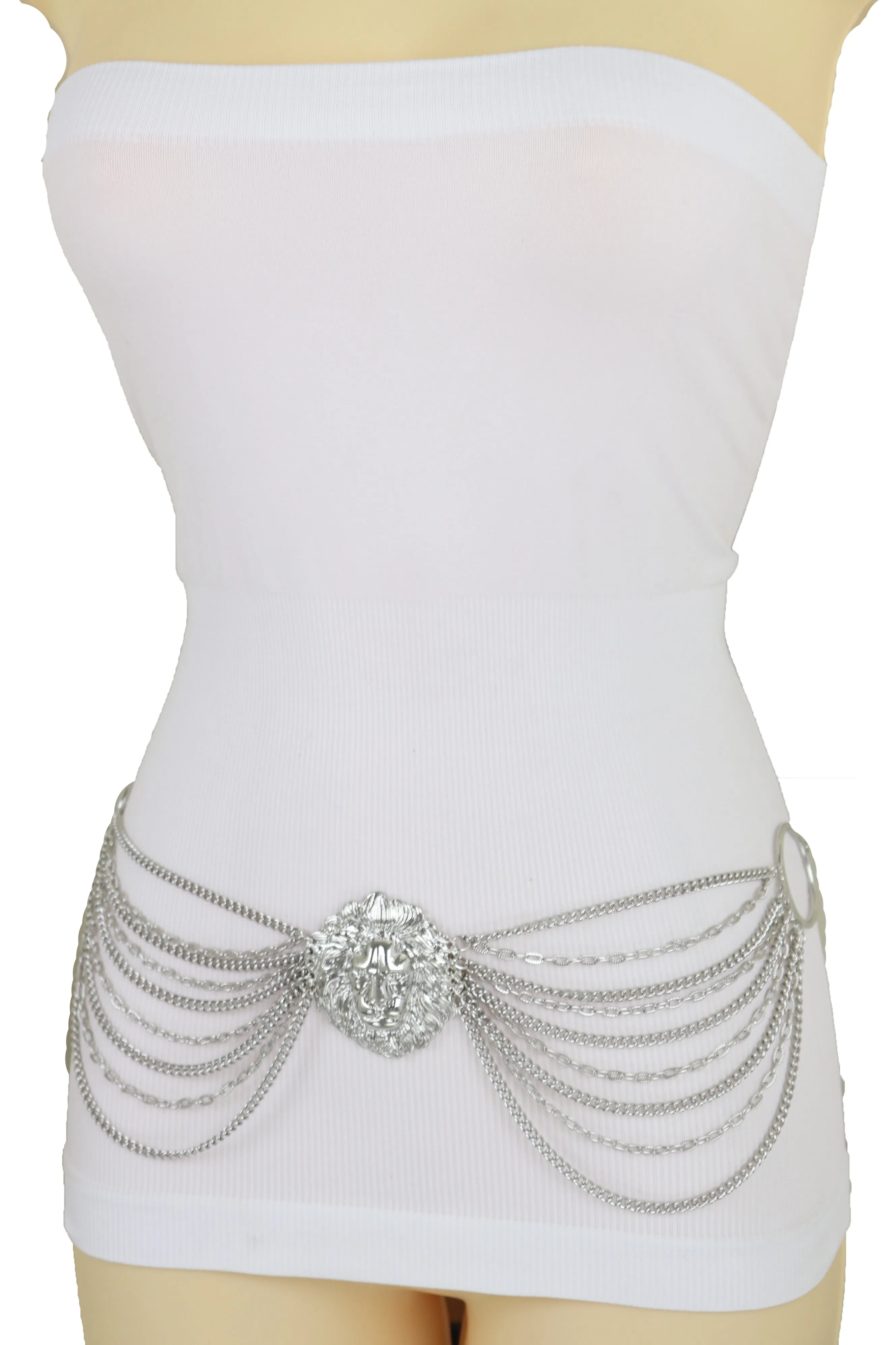 Silver Side Multi Waves Metal Chain Belt with Lion Head Pendant