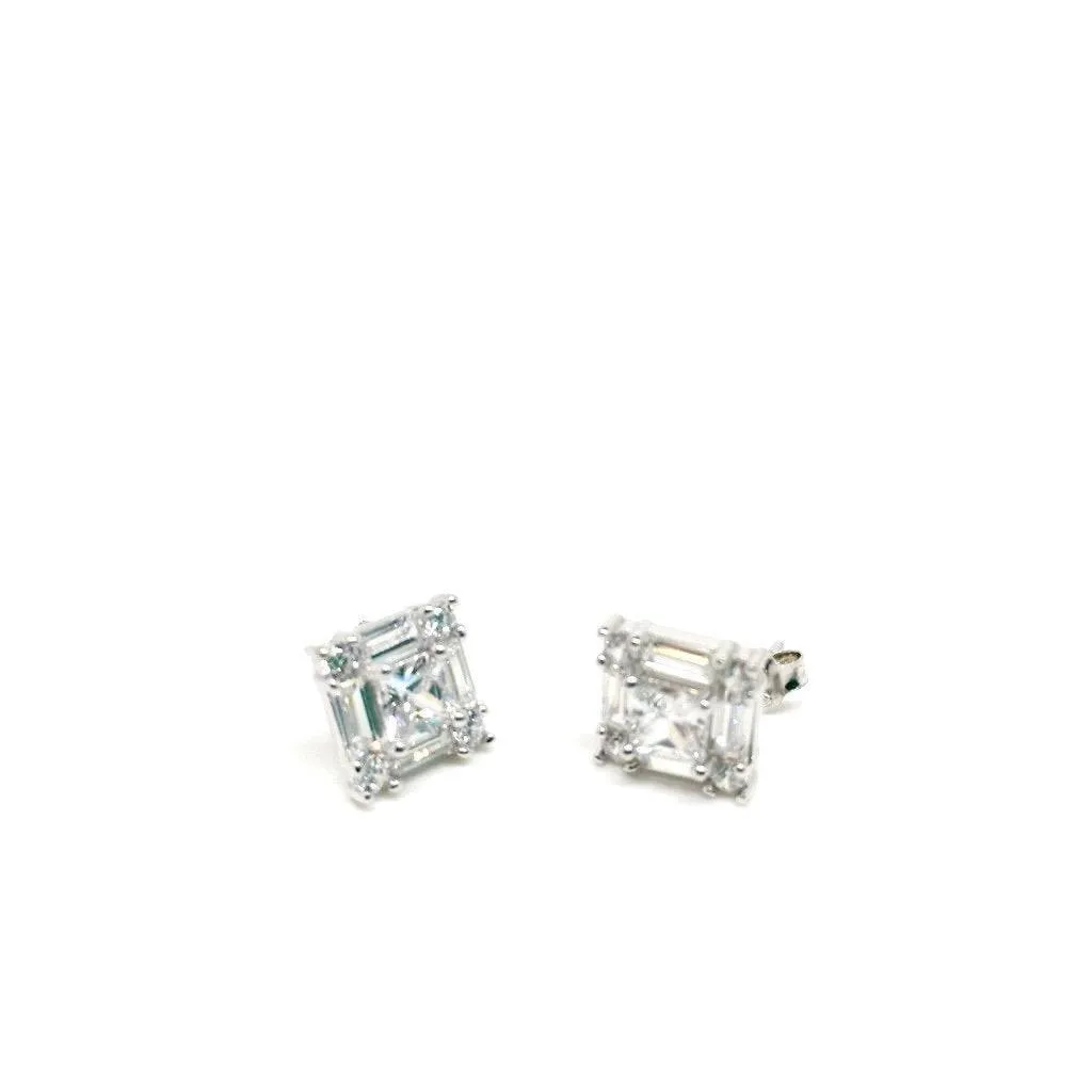 Silver Square 925 Sterling Silver Clear Stud Earrings with Luxurious Gift Box