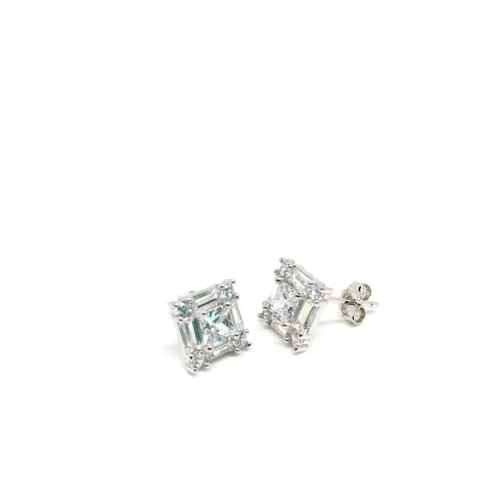 Silver Square 925 Sterling Silver Clear Stud Earrings with Luxurious Gift Box