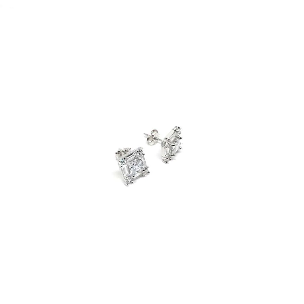 Silver Square 925 Sterling Silver Clear Stud Earrings with Luxurious Gift Box