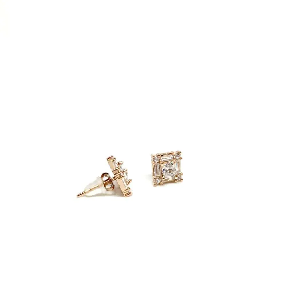 Silver Square 925 Sterling Silver Clear Stud Earrings with Luxurious Gift Box