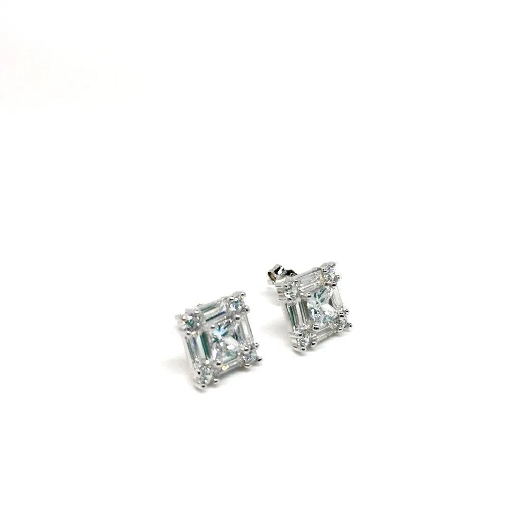 Silver Square 925 Sterling Silver Clear Stud Earrings with Luxurious Gift Box