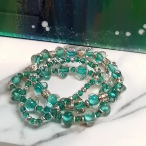 Small (3) Strand Set Green & Clear Glass Bead Stacking Bracelets