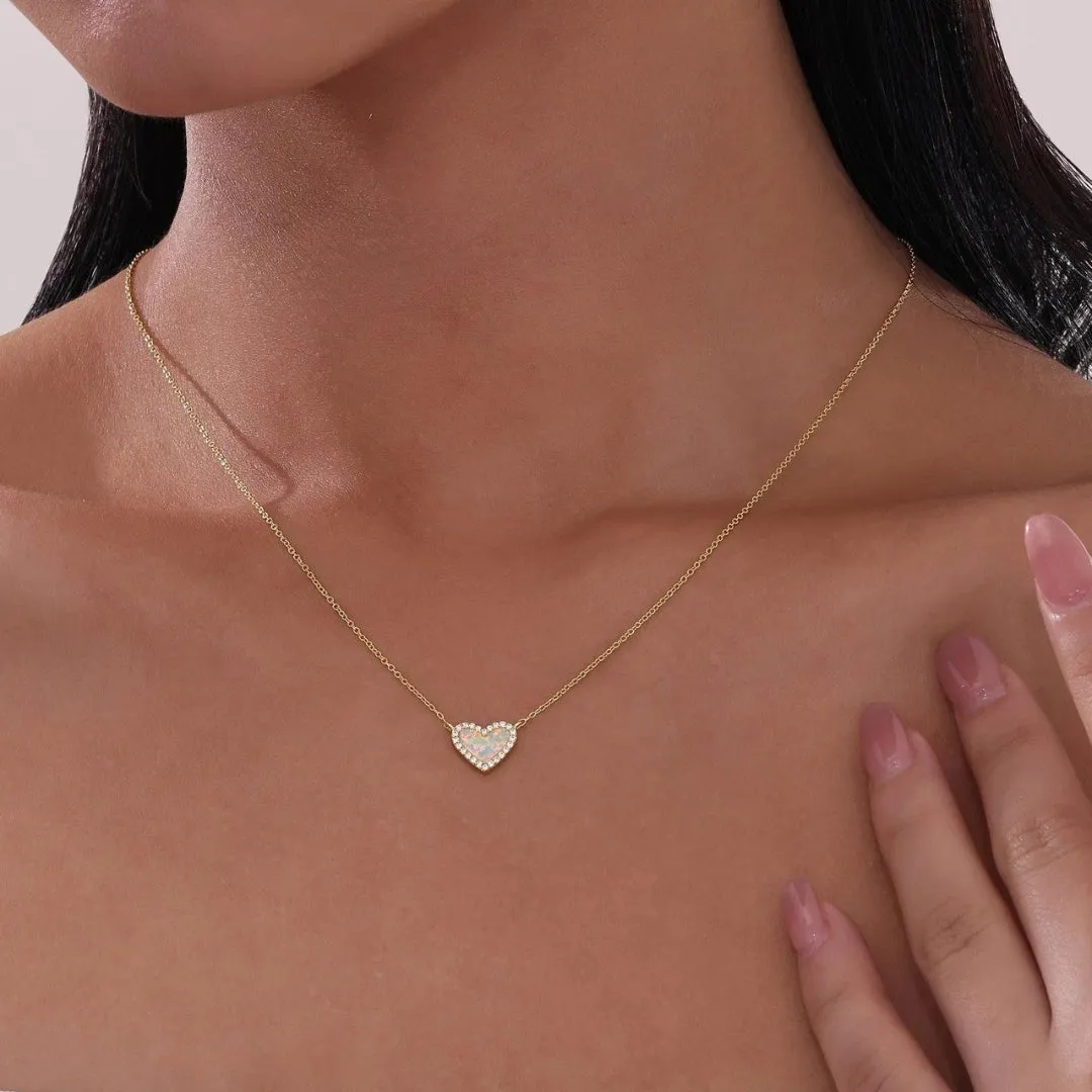 SS/GP 2.20cttw Simulated Opal & Simulated Diamond Heart Necklace 18"