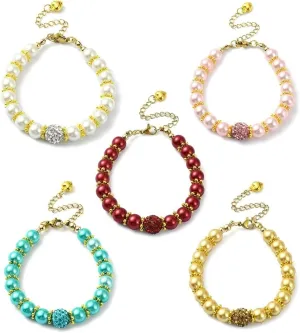 Stiesy 5 Colours Glass Pearl Beaded Bracelet Colourful Round Rhinestone Bracelets Handmade Jewelry Anklets 8mm Imitation Pearl Jewelry Bracelet for Women Party Present