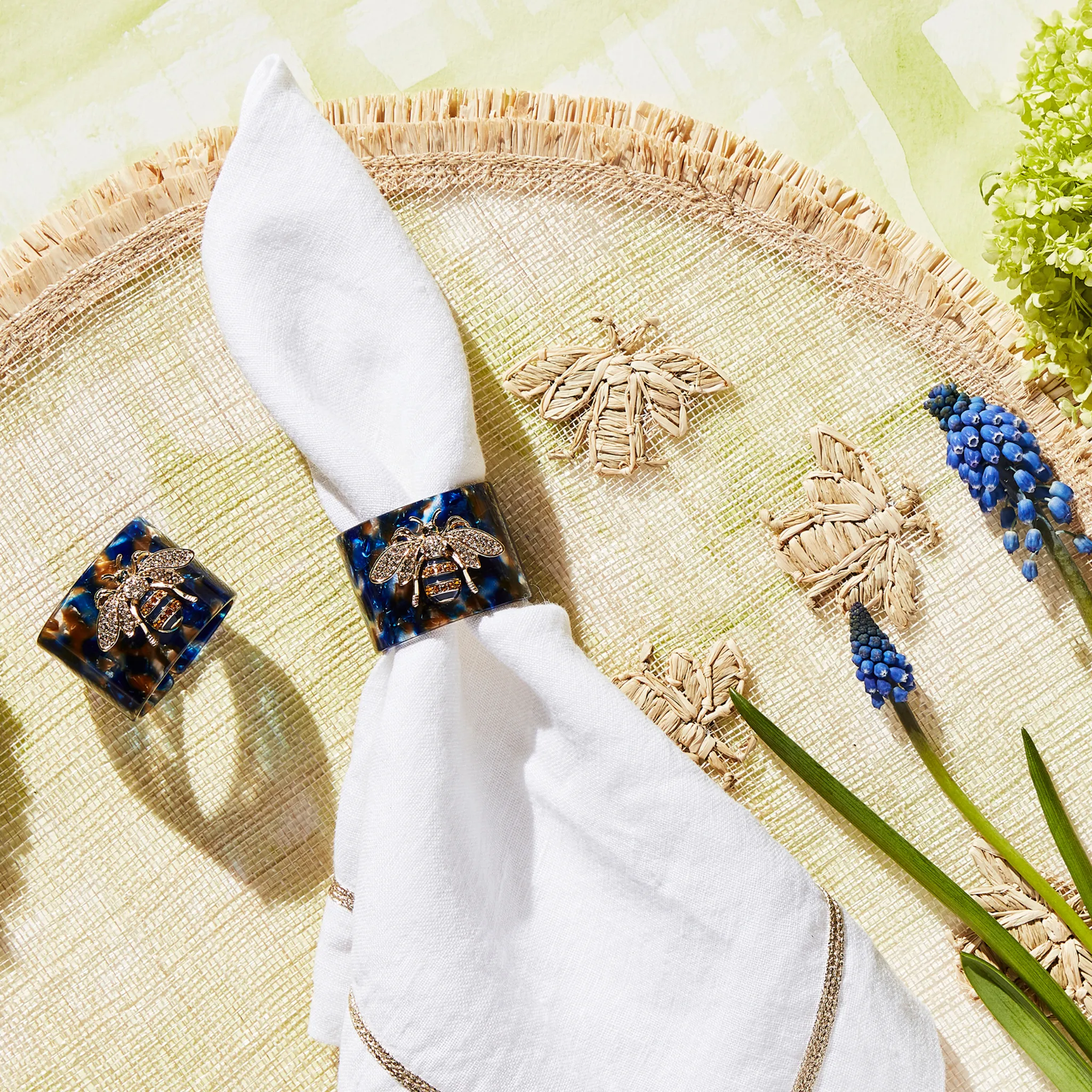 Stripey Bee Resin Napkin Rings, Blue Tortoiseshell, Set of Four