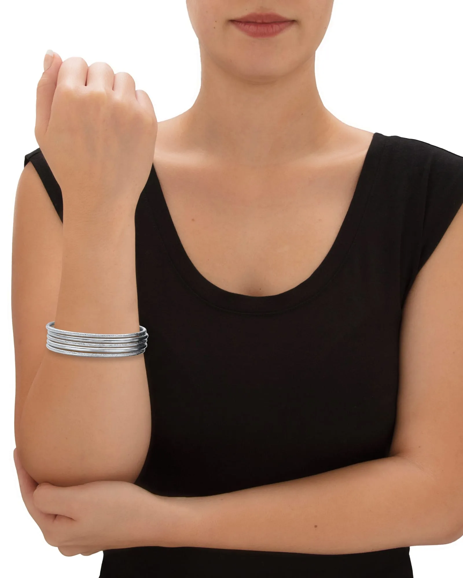 Textured and Polished 5-Piece Bangle Bracelet Set in Silvertone 9" | White