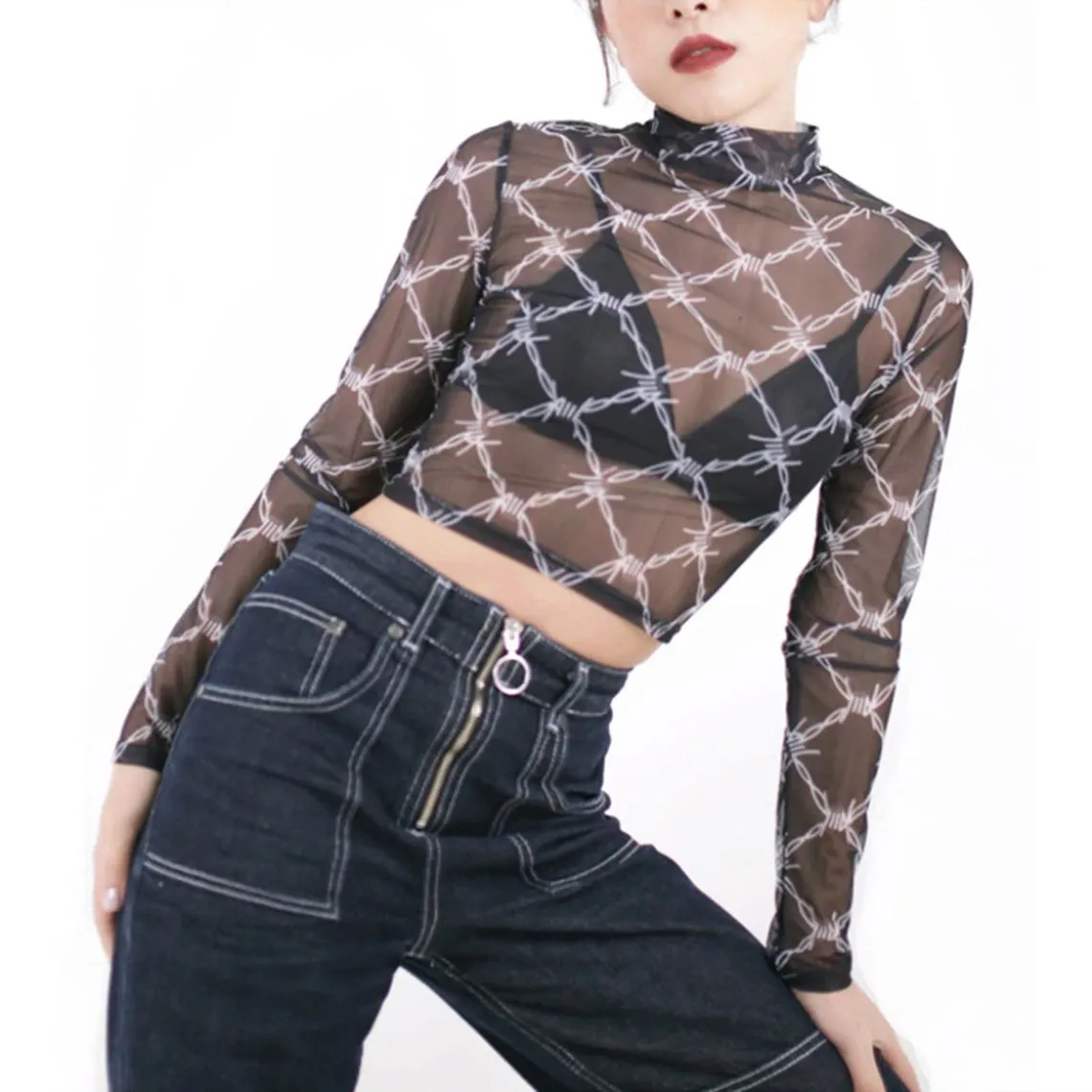 Transparent White Spike Chains Print Crop Top