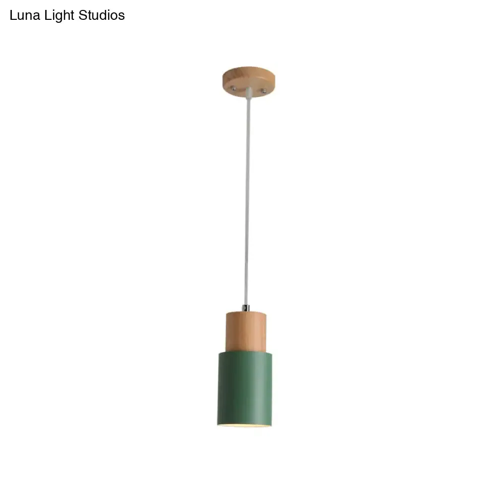 Tubular Ceiling Pendant Minimalist Metal 1-Light Suspension Lighting Fixture with Wood Top