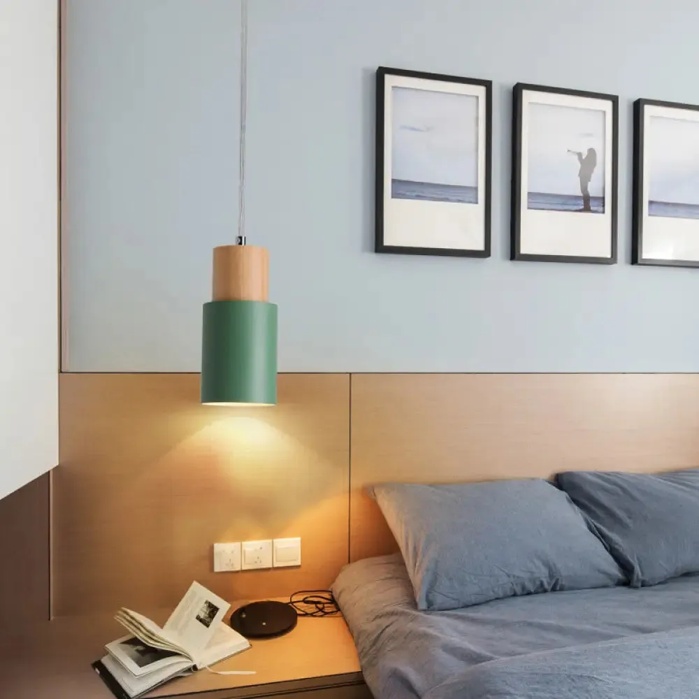 Tubular Ceiling Pendant Minimalist Metal 1-Light Suspension Lighting Fixture with Wood Top