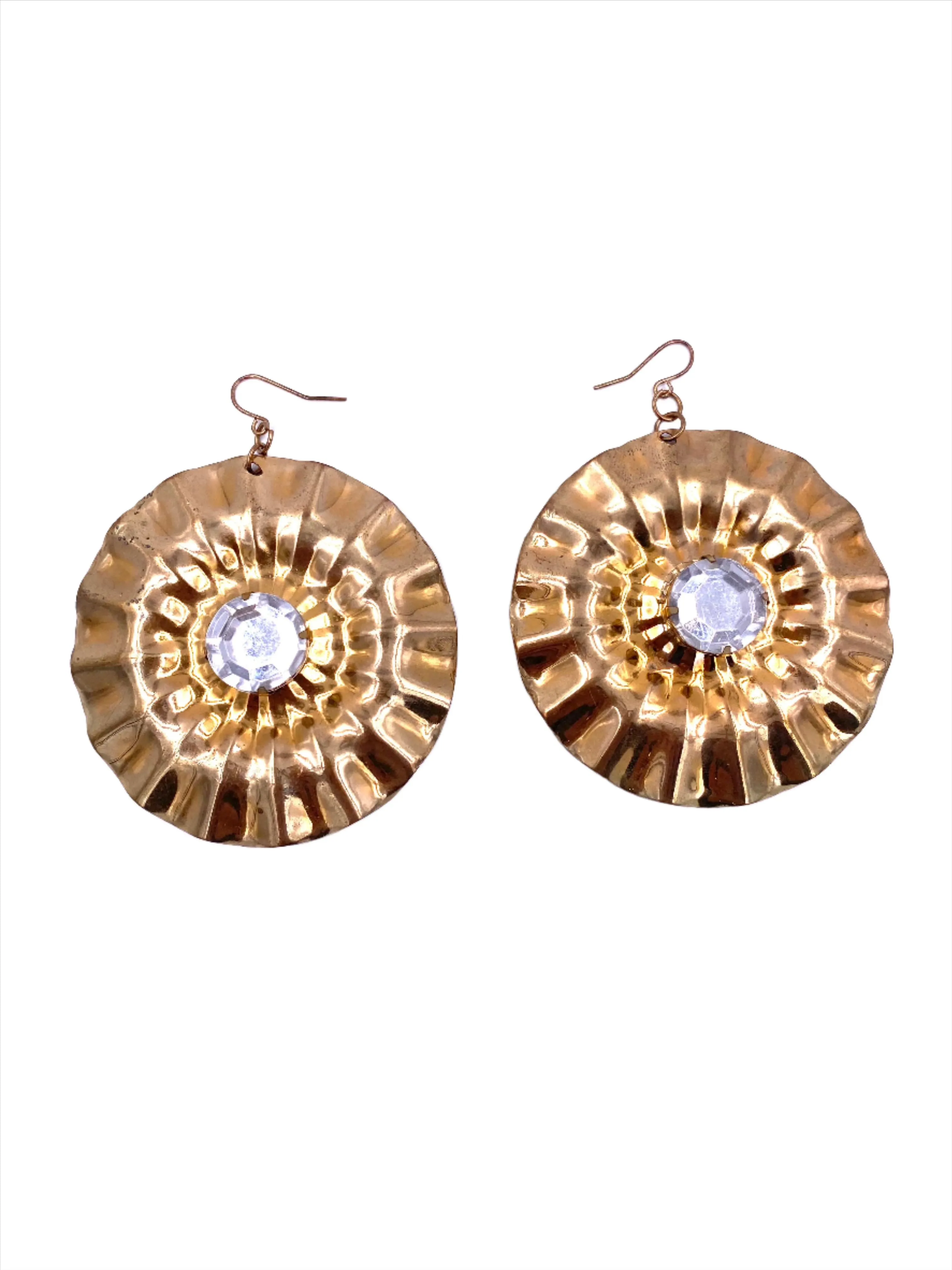 Vintage Large Round Gold Earrings with Large Center Crystal