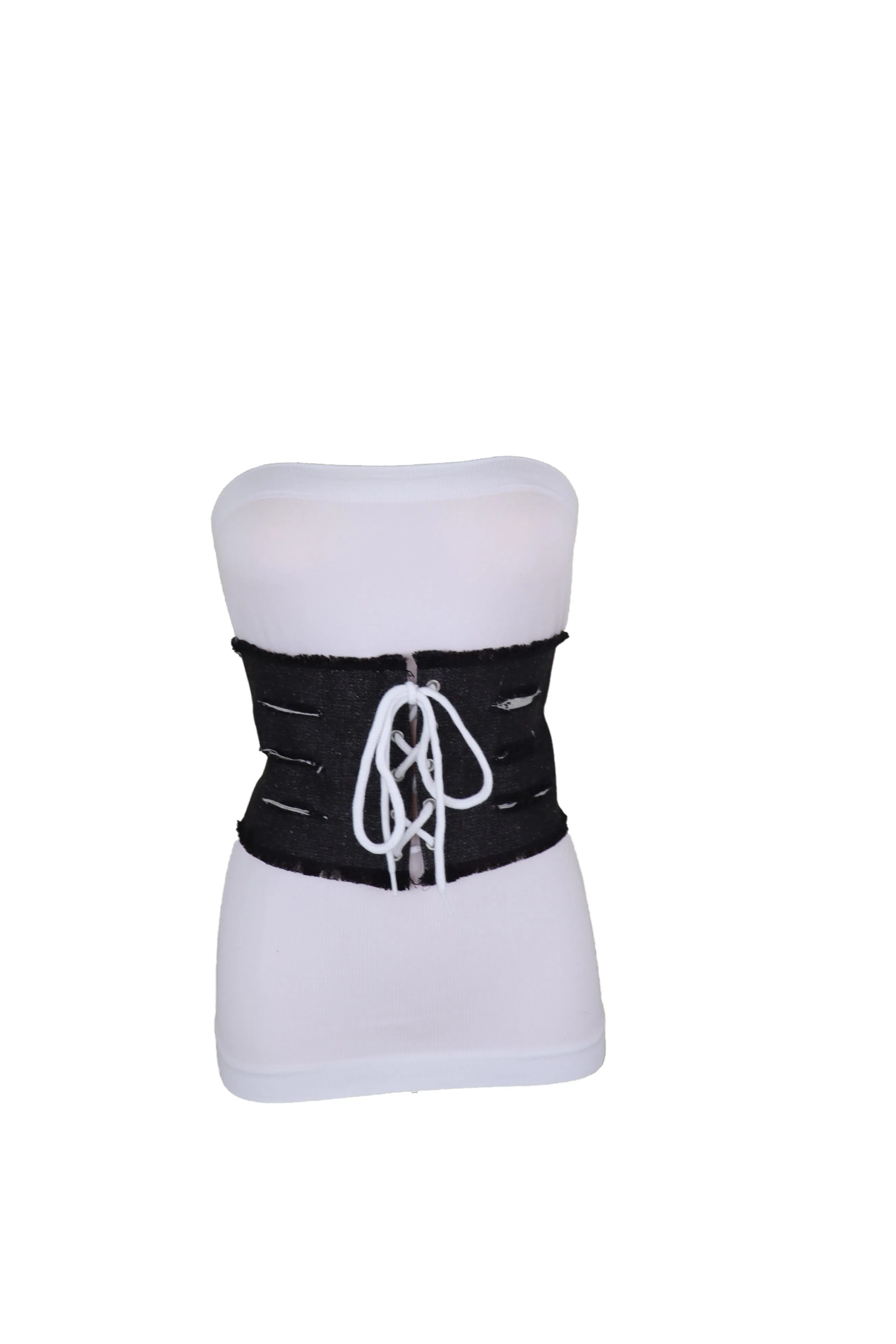 Wide Tie Corset Black Denim Jeans Fashion High Waist Belt Fit Size S