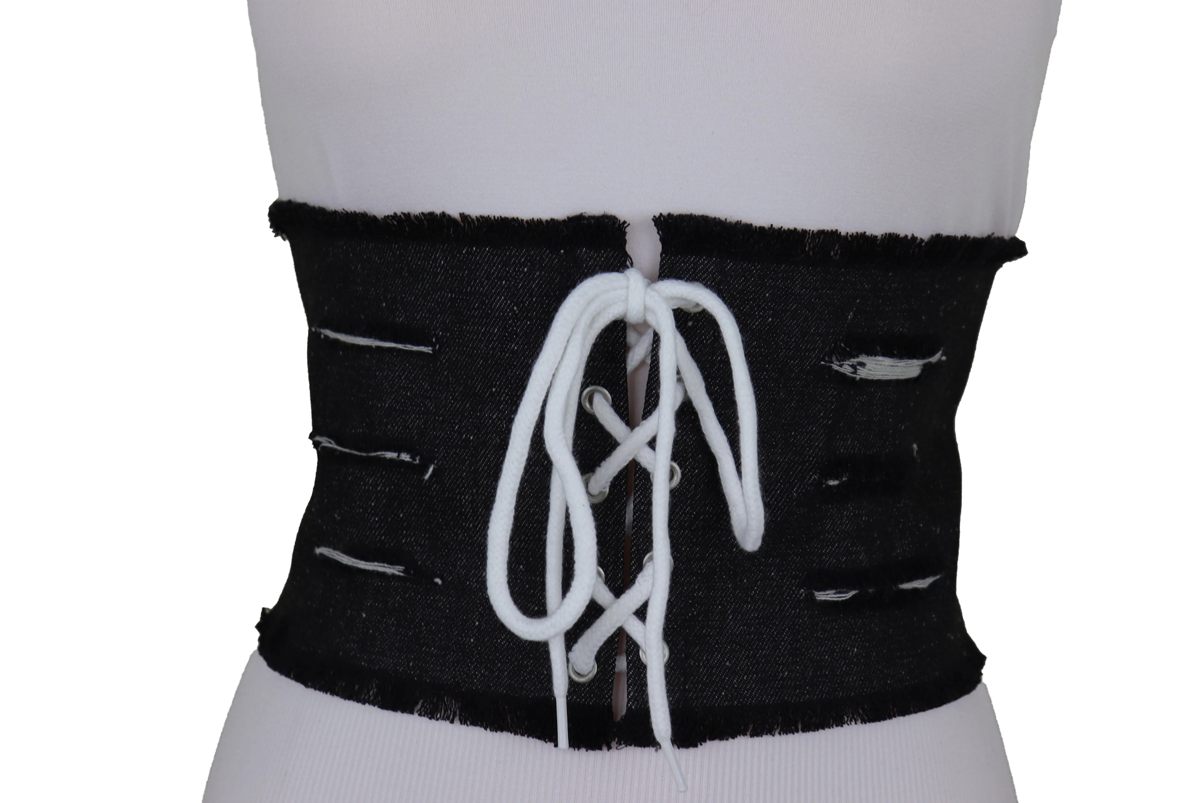 Wide Tie Corset Black Denim Jeans Fashion High Waist Belt Fit Size S