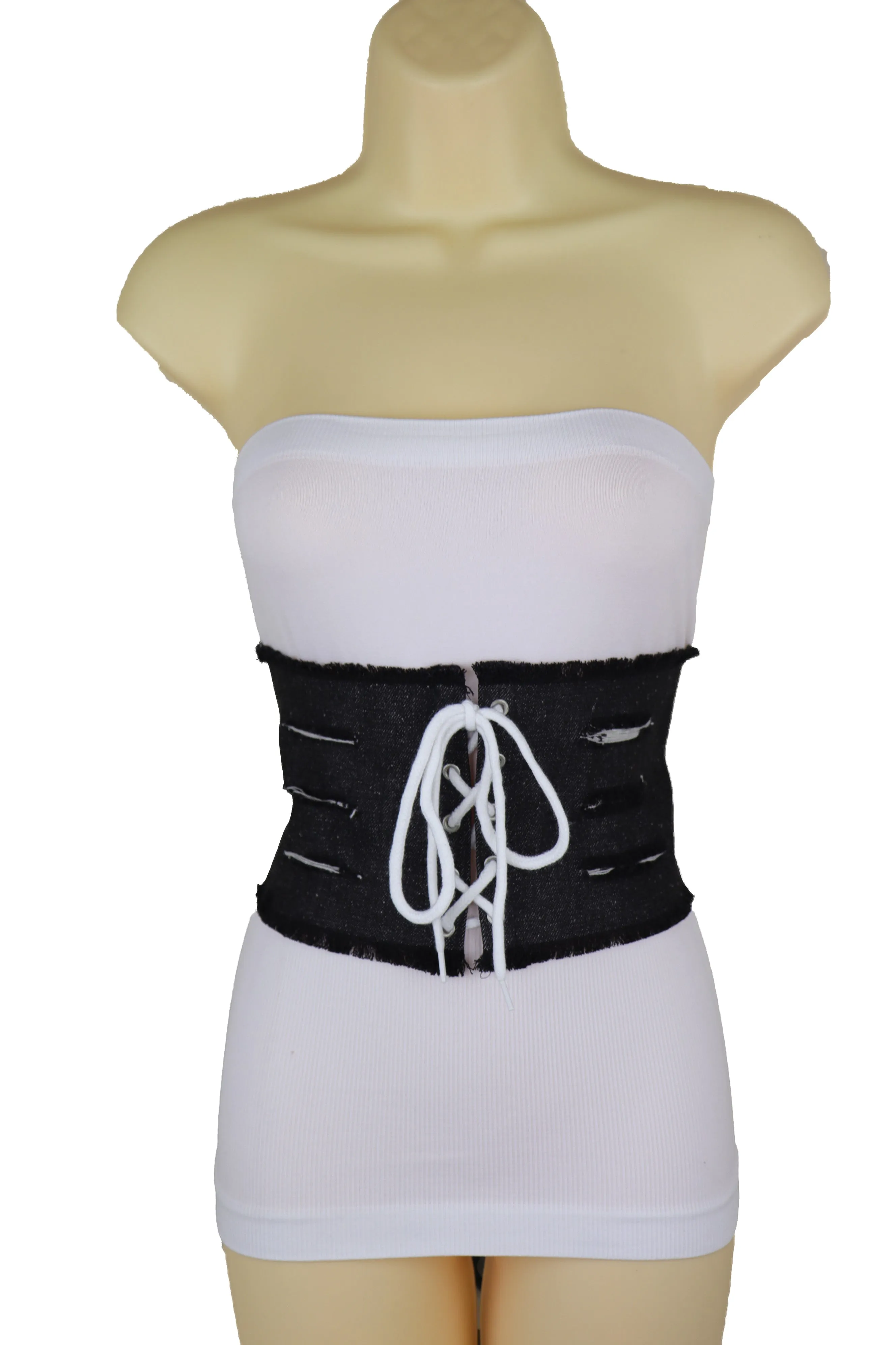 Wide Tie Corset Black Denim Jeans Fashion High Waist Belt Fit Size S