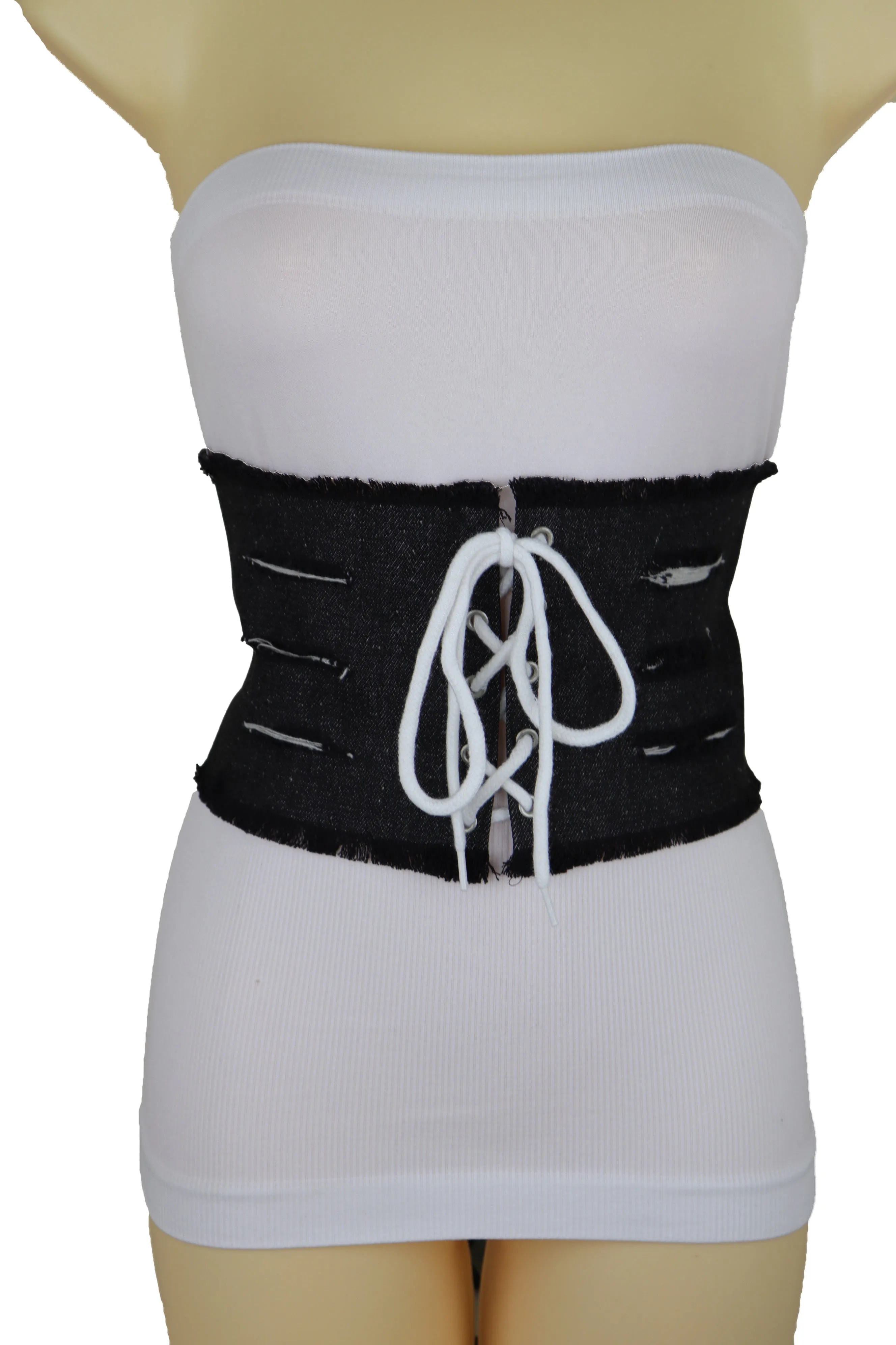 Wide Tie Corset Black Denim Jeans Fashion High Waist Belt Fit Size S