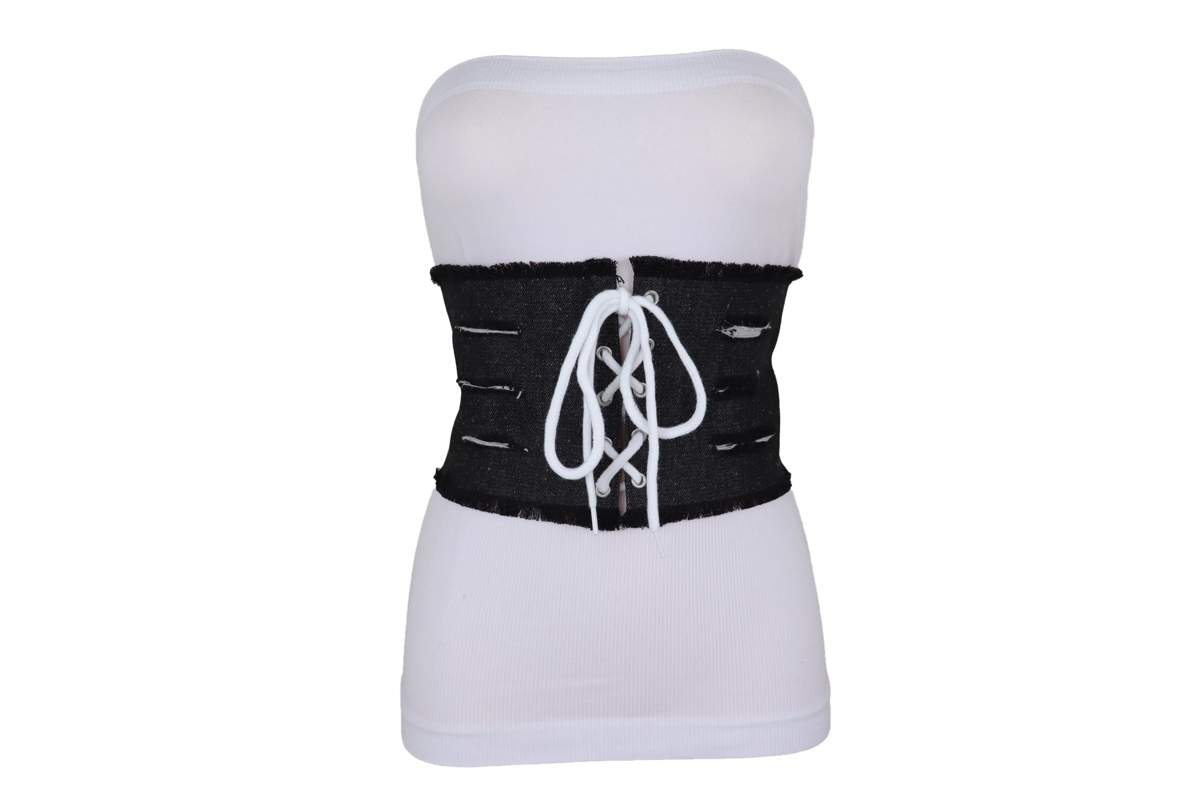 Wide Tie Corset Black Denim Jeans Fashion High Waist Belt Fit Size S