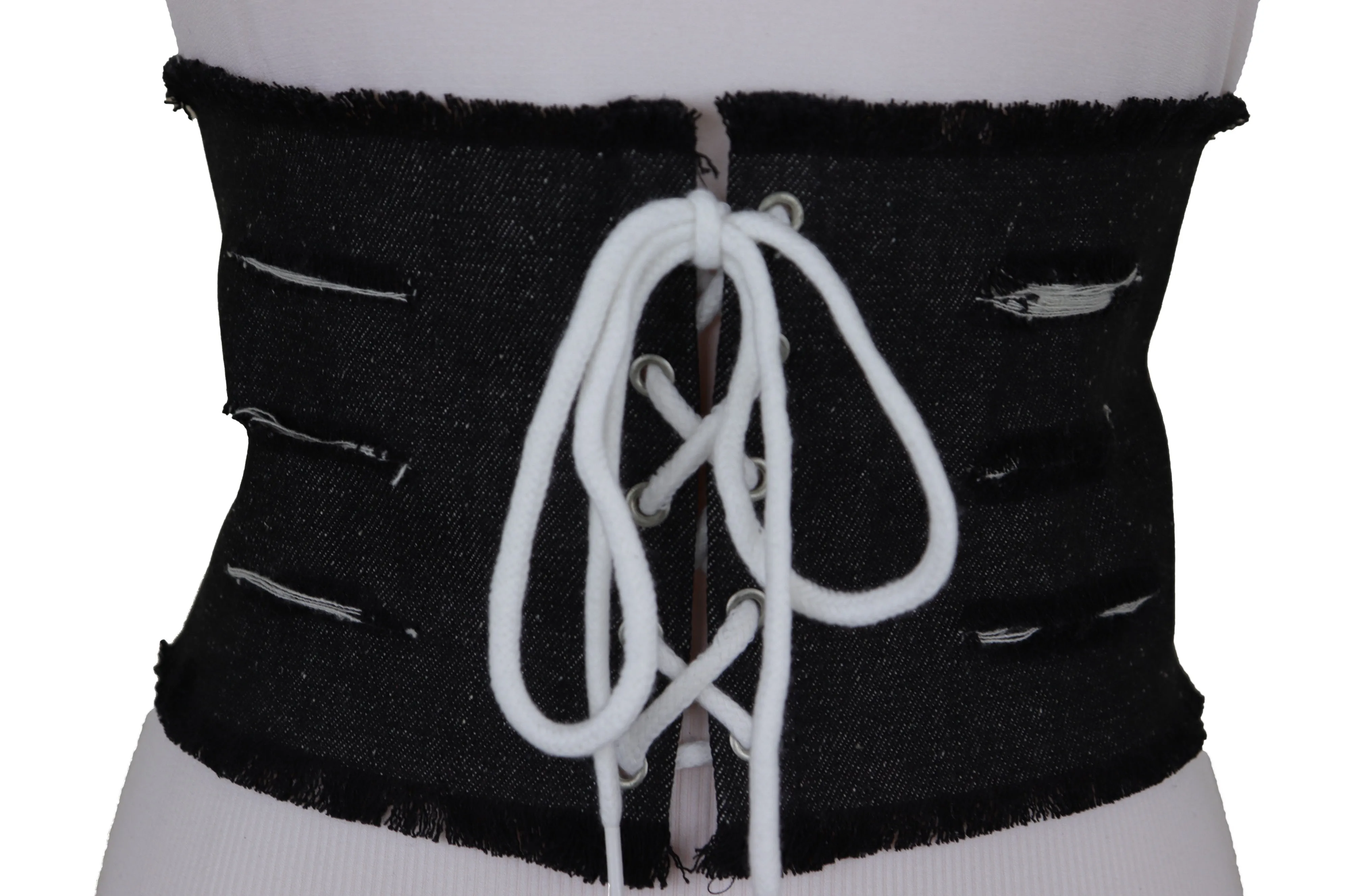 Wide Tie Corset Black Denim Jeans Fashion High Waist Belt Fit Size S
