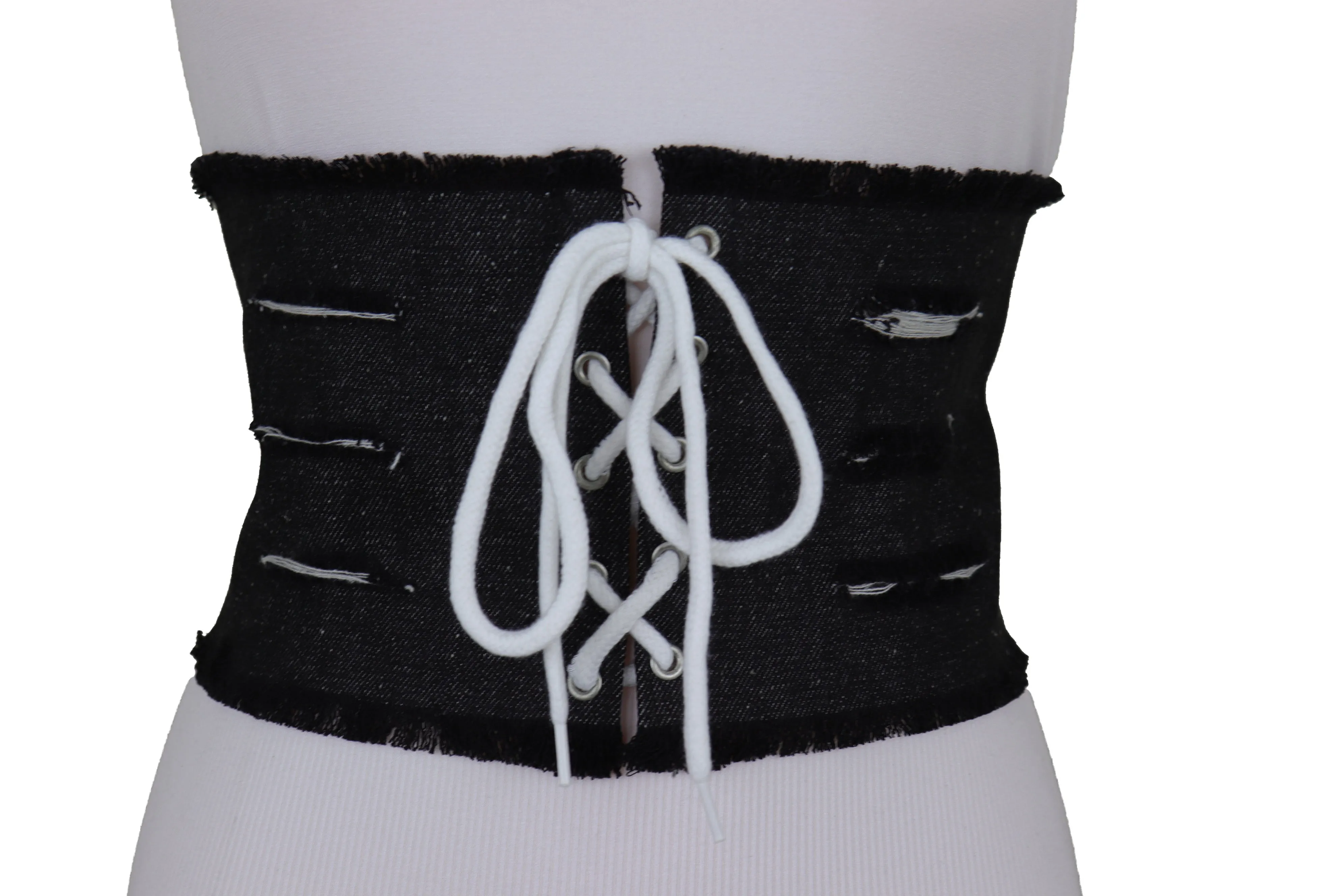 Wide Tie Corset Black Denim Jeans Fashion High Waist Belt Fit Size S