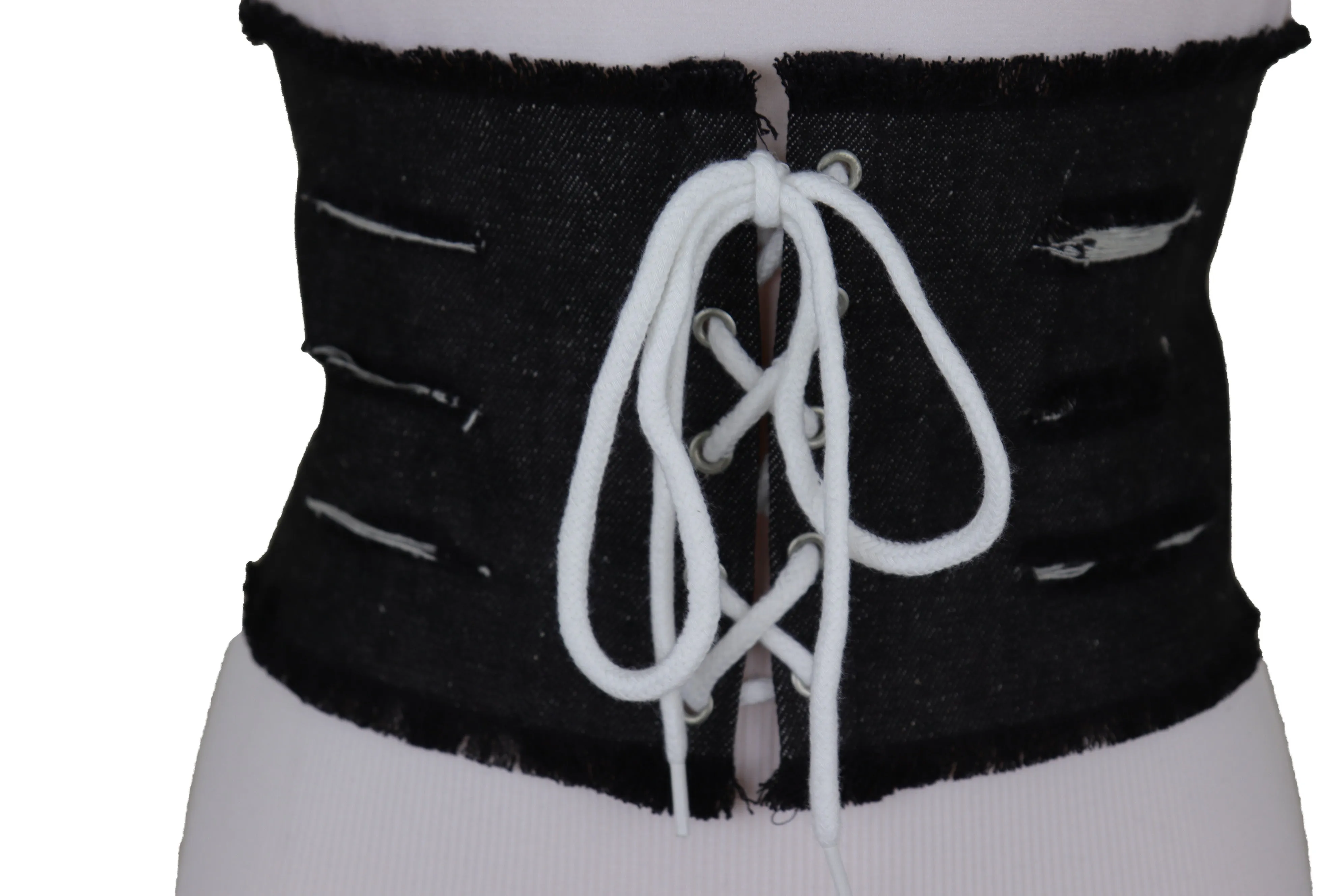 Wide Tie Corset Black Denim Jeans Fashion High Waist Belt Fit Size S