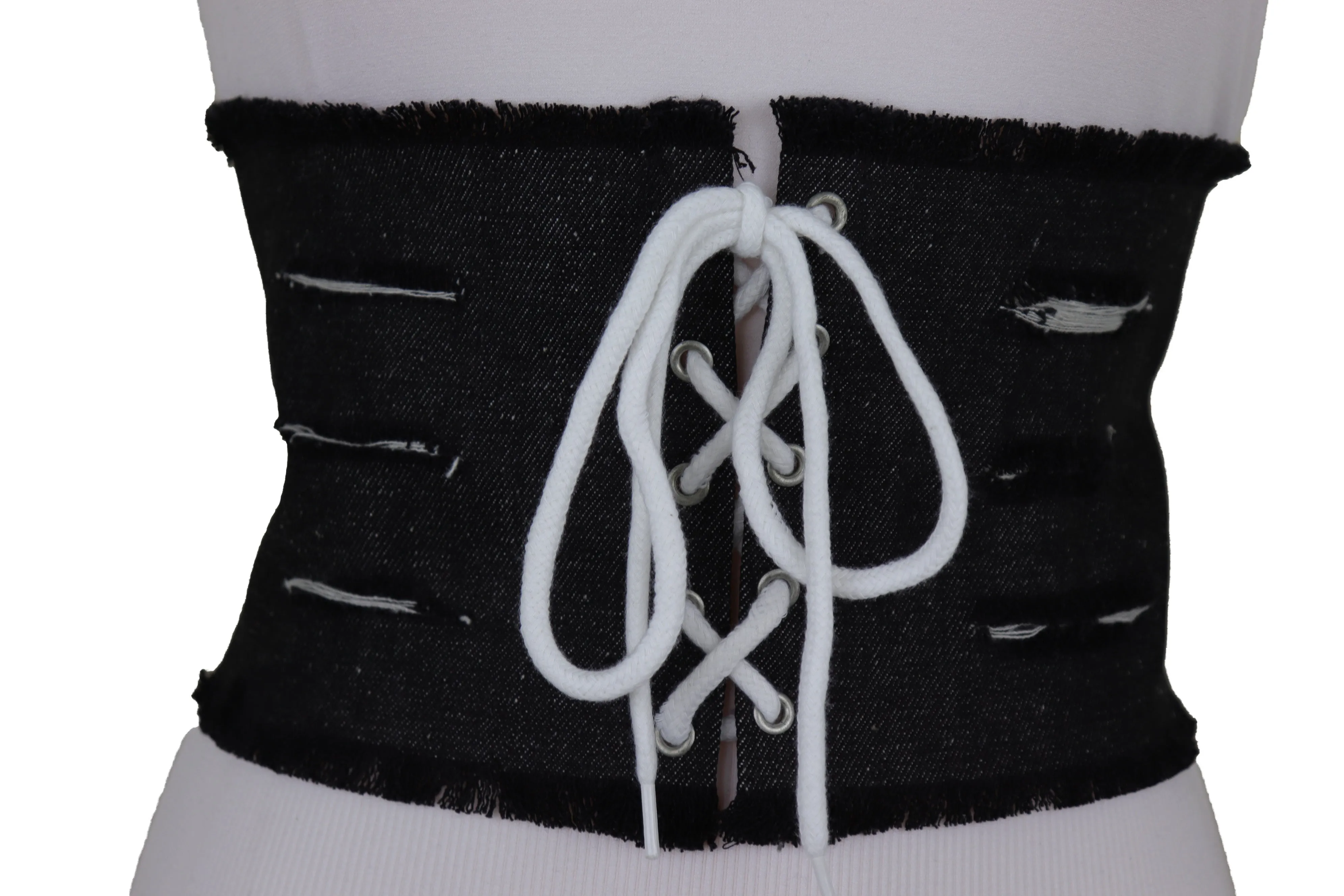Wide Tie Corset Black Denim Jeans Fashion High Waist Belt Fit Size S