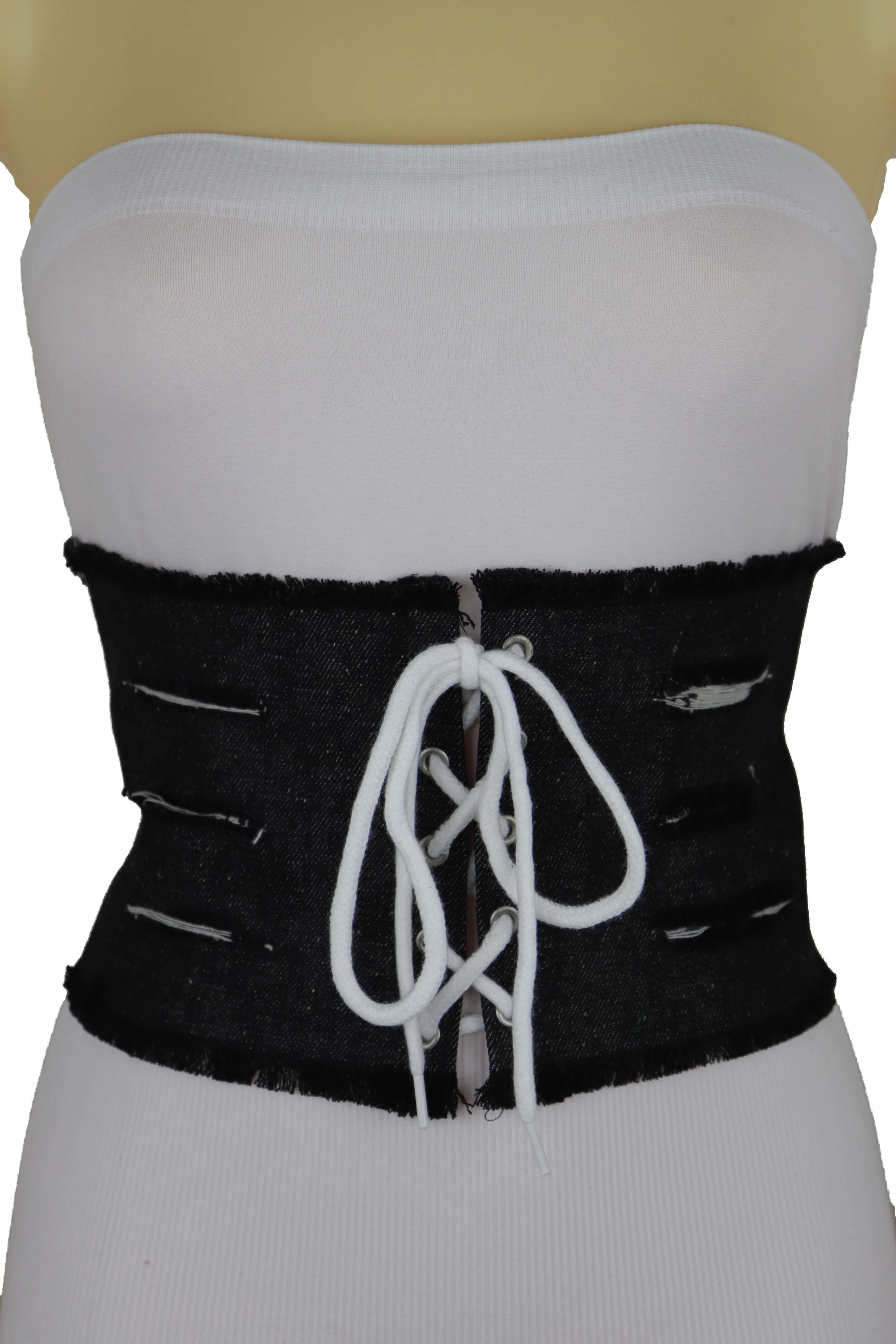Wide Tie Corset Black Denim Jeans Fashion High Waist Belt Fit Size S