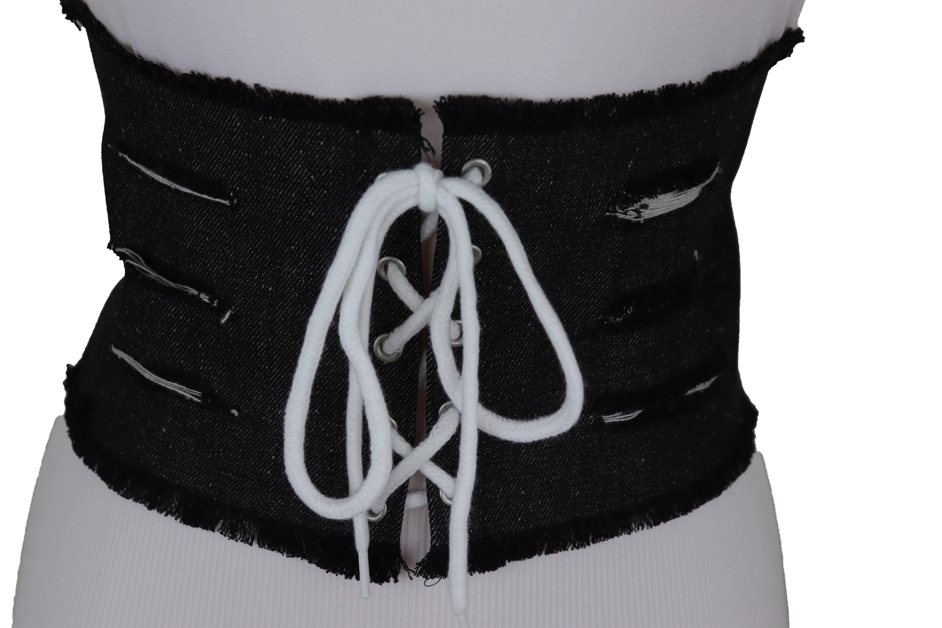 Wide Tie Corset Black Denim Jeans Fashion High Waist Belt Fit Size S