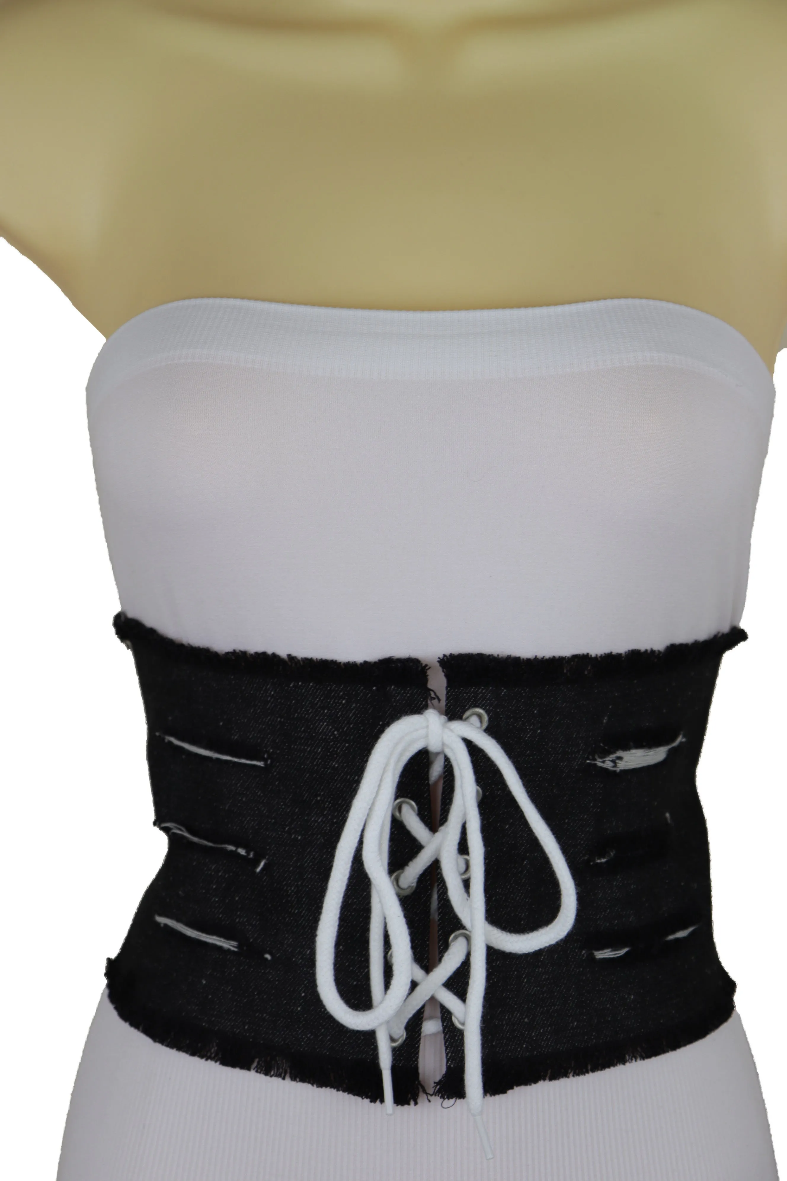 Wide Tie Corset Black Denim Jeans Fashion High Waist Belt Fit Size S
