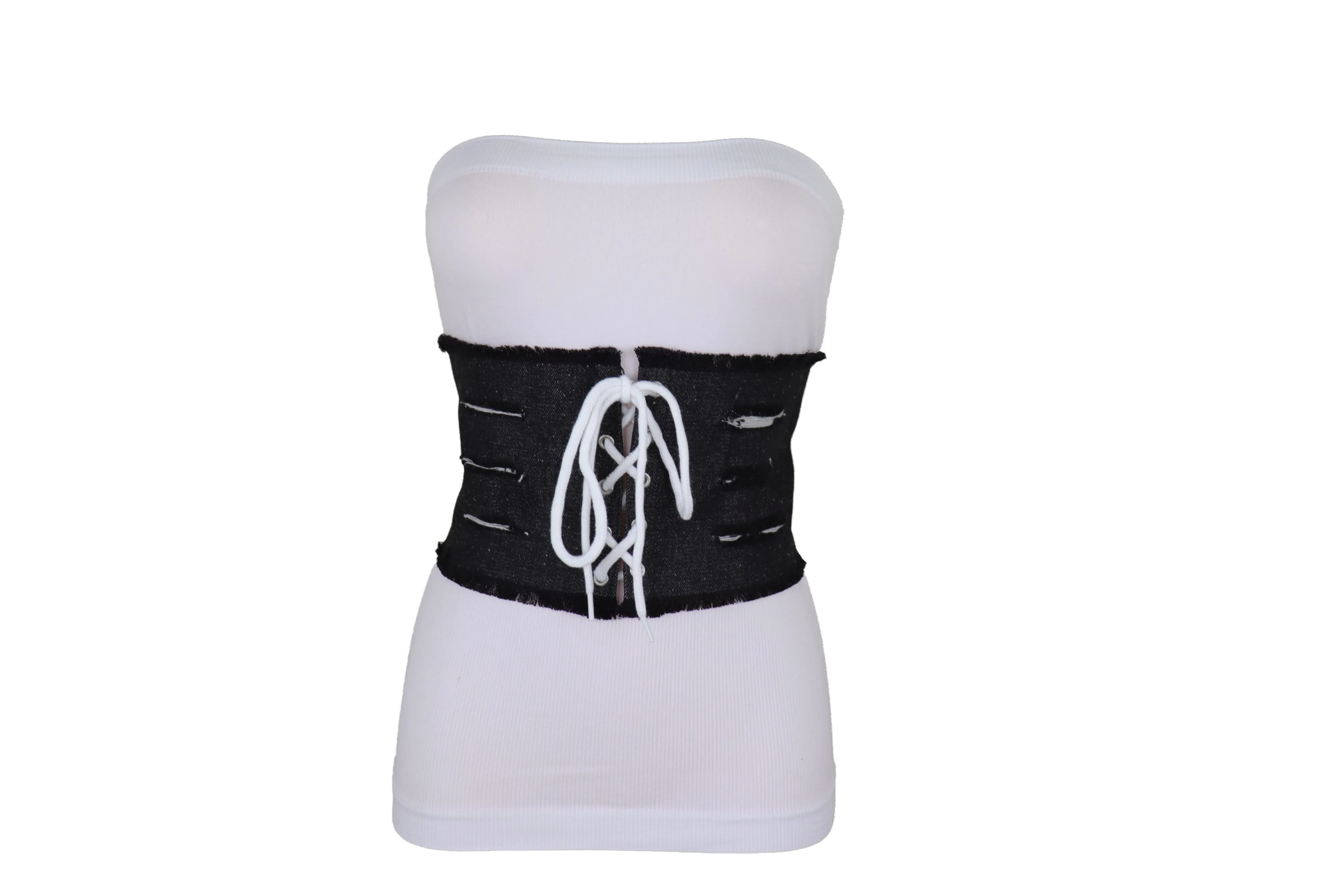 Wide Tie Corset Black Denim Jeans Fashion High Waist Belt Fit Size S