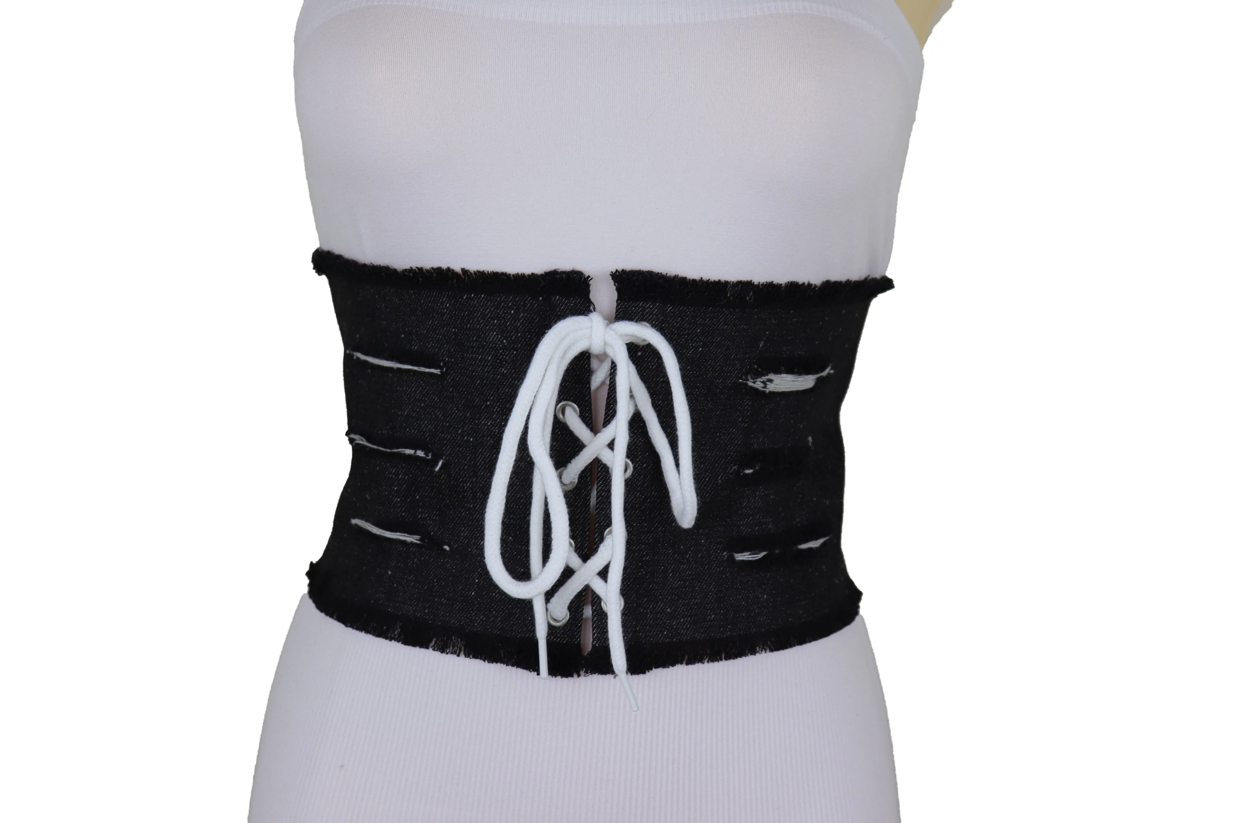 Wide Tie Corset Black Denim Jeans Fashion High Waist Belt Fit Size S